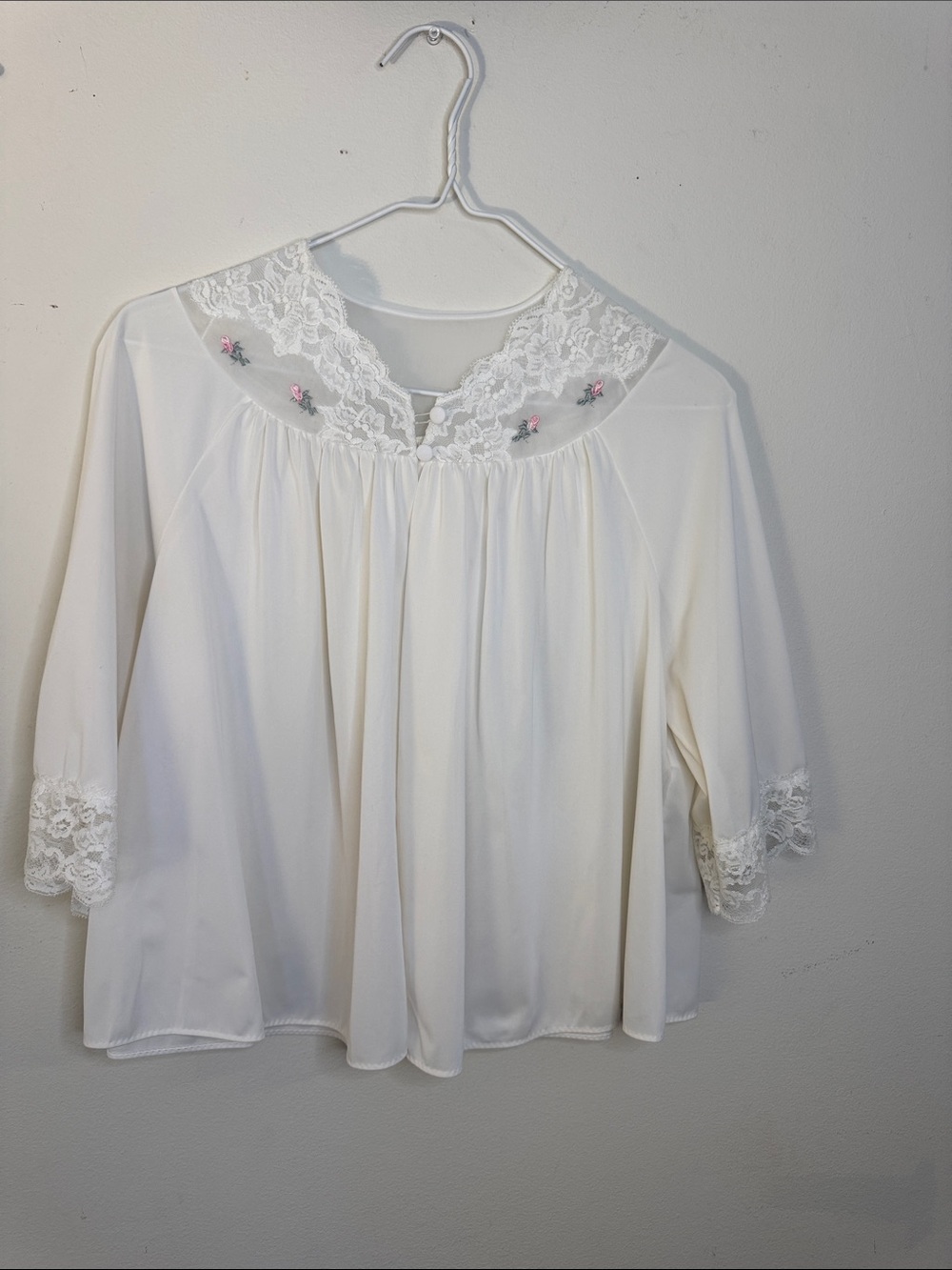 Vintage White Sleepwear Size Small with pink Lace embroidery.